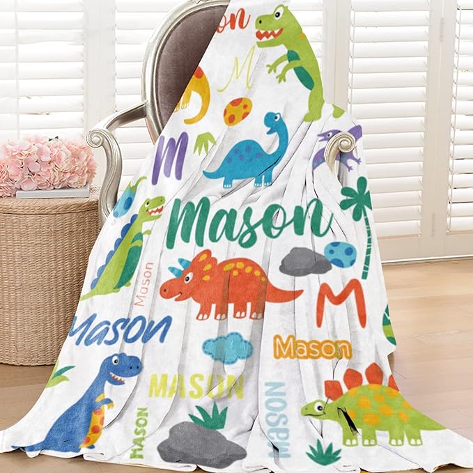 Personalized Dinosaur Blanket with Name for Boys, Custom Name Blanket for Kids Dino, Soft Flannel Dinosaur Toddler Blanket Customized Gift for Birthday Christmas Baby Shower Newborn Gift 60" X 80"