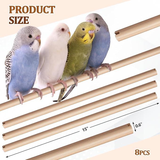 Sintuff 8 Pcs Bird Perches for Cage Accessories, Wooden Perch Rods Replacement with Double Head Slots, 0.6 Inch Diameter Natural Wood Stand for Parrot Macaw Cockatoo Parakeet (15 Inches)
