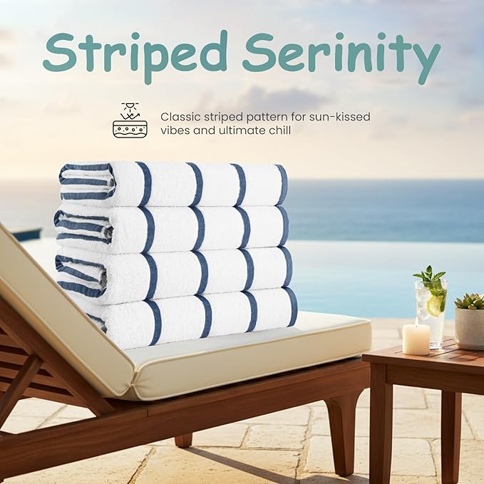 CASA COPENHAGEN Cabana Pool Bath Sheet, 70" x 35", Designed in Denmark Rough and Tough, Quick Dry, for Pool, Bath, Beach & Shower 2 Piece Cotton Pool Towels Set - White Navy Stripe