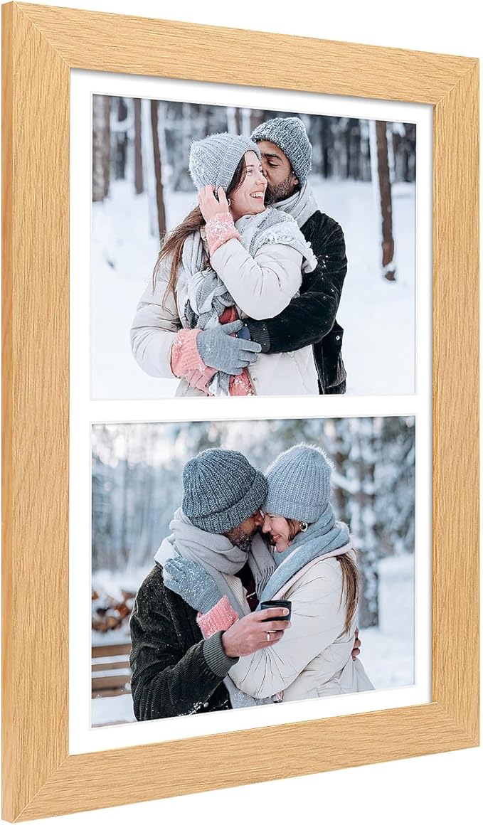11x17 Picture Frame Display 2 opening 8X10 Double Picture Frame Collage,Multi Photo Frame with Mat,Plexiglass,Wall Mount Decor,Natural Wood Grain