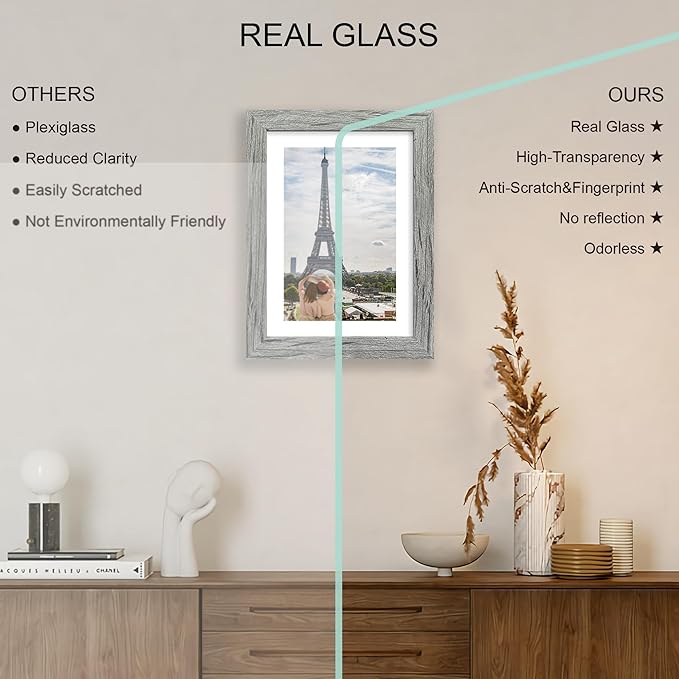 7x10 Picture Frame Set of 4, Made of Real Glass and Grey Frame - Display Picture 5.5x8.5 with Mat or 7x10 Without Mat, 7 by 10 Photo for Wall or Tabletop