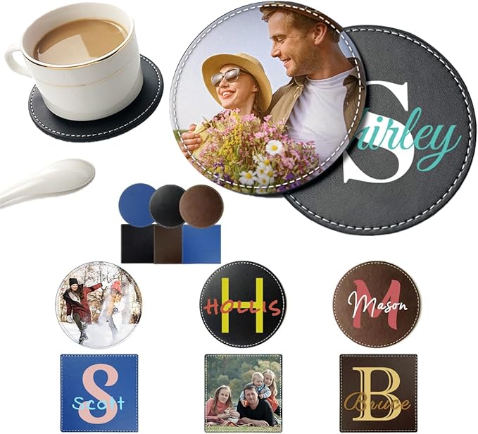 Custom Photo Coasters, Personalized Name Monogram PU Leather Coaster, Customize Logo Letter Non-Slip Heat Resistant Waterproof Reusable for Coffee Table Bar Beer Wine Cup Housewarming Wedding Party