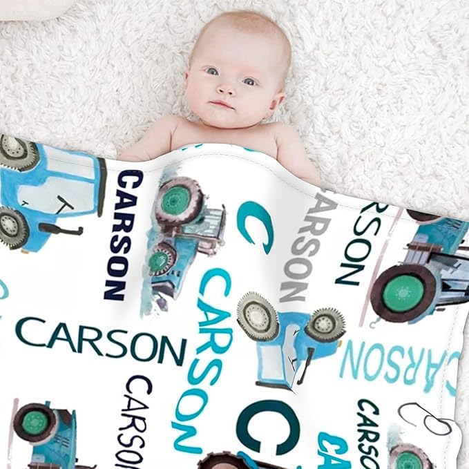 Personalized Tractors Blanket - Custom Name with Farm Tractor Trucks Design - Soft Plush Flannel Bed Blanket for Baby Kid Teen Boys Girls Customized Gifts White & Blue