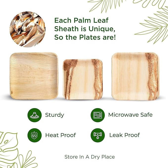 6 Inch 40 Square Palm Leaf Plates – Compostable, Biodegradable, Eco-Friendly – Like Bamboo Disposable Plates for Party, Wedding, Picnic – Sturdy, Heat Proof & Leak Proof