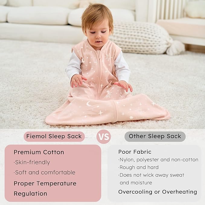 Baby Sleep Sack 6-12 months, 100% Cotton Sleeping Sack for Newborn and Infant, 3 Pack Baby Wearable Blanket, 0.5 Tog Lightweight Double Zipper Sleep Bag Medium Pink Stars Moon