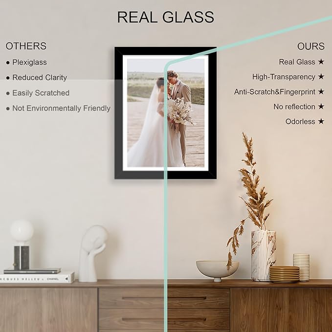 11x15 Picture Frame Set of 4, Made of Real Glass and Black Frame - Display Picture 10x14 with Mat or 11x15 Without Mat, 11 by 15 Photo for Wall Mounting