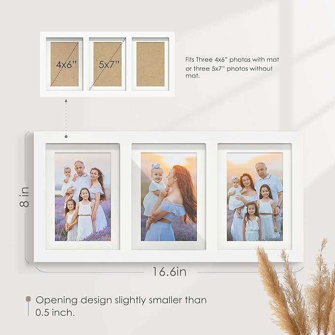 5x7 Picture Frame Collage Holds 3 Photos Made of High Definition Glass, Mat for Display 4x6 Picture Frame Collage Photo for Wall Decor White