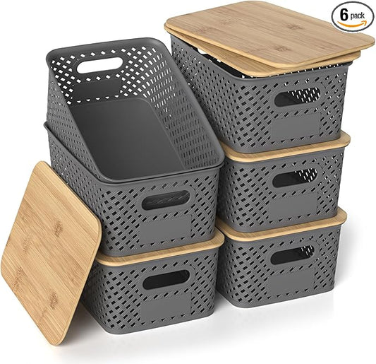 Plastic Storage Bins with Bamboo Lids, Stackable Small Box Baskets for Organizing and Containers for Shelves Drawers Desktop Closet Pantry Classroom Office Home, 6 Pack 10.2x7.2x4.1 Inch, Gray
