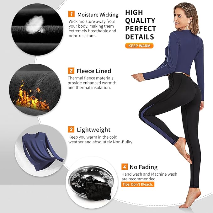 Thermal Underwear Women Long Johns Set Fleece Lined Warm Base Layer Long Sleeve for Weather Top Bottom Pajama