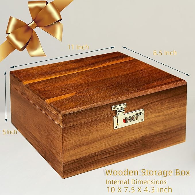 Large Wood Box Decorative Acacia Wooden Storage Box with Combination Lock With Adjustable Divider Wooden Keepsake Box with Hinged Lid Chest Stash Boxes Decorative Lockable Chest Box(Secret Grid)