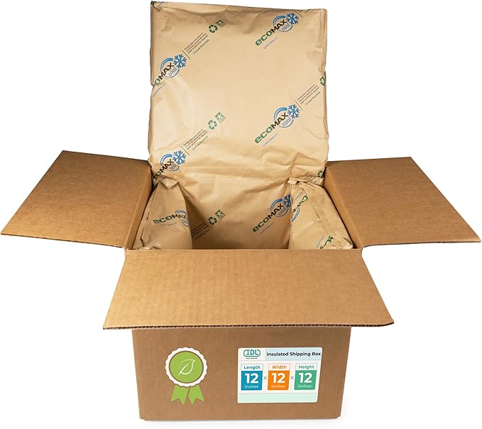 IDL Packaging 12" x 12" x 12" Insulated Shipping Box, 3.6-Gallon Capacity, Pack of 1 - Includes EcoMax™ Thermal-Paper Liners, Absorb Condensation - For Frozen Food, Meat, or Fish