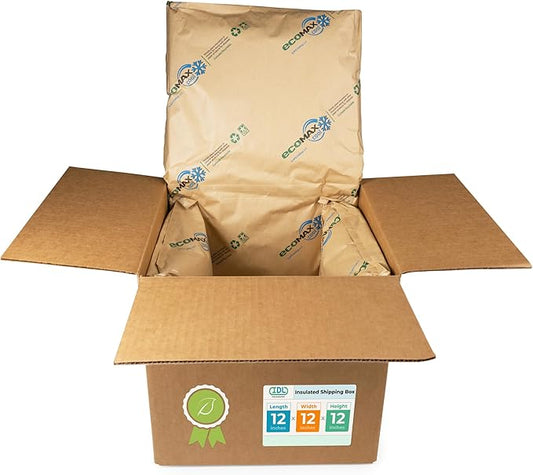 IDL Packaging 12" x 12" x 12" Insulated Shipping Box, 3.6-Gallon Capacity, Pack of 1 - Includes EcoMax™ Thermal-Paper Liners, Absorb Condensation - For Frozen Food, Meat, or Fish