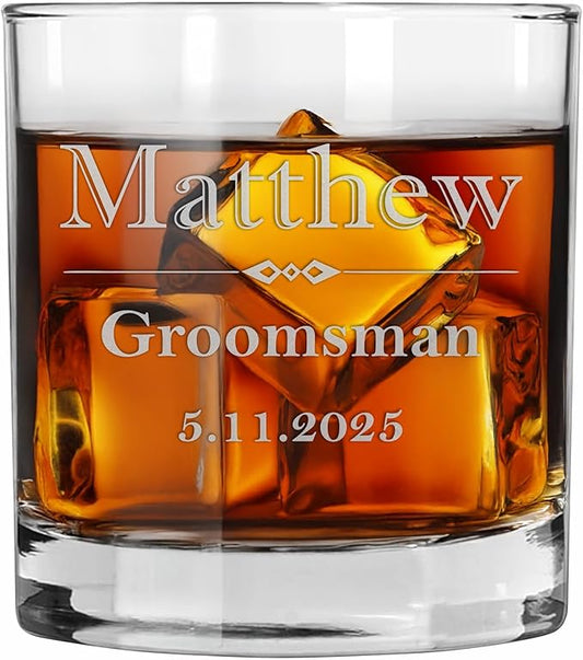 Blue Ridge Mountain Gifts Personalized Engraved 11oz Whiskey Glass – Custom Groomsmen Gift for Wedding Party – Etched Rocks Glass for Bourbon, Scotch, and Cocktails