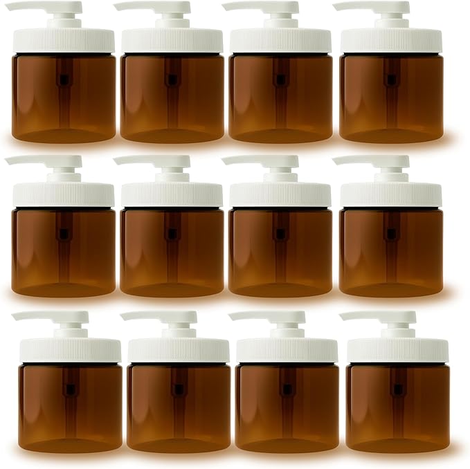 Royal Massage 16oz Refillable Pump Jar with Locking Dip Tube Dispenser – BPA-Free Plastic Container for Massage Oils, Lotions, Creams – Ribbed Lid Wide-Mouth Jar – Durable & Reusable (12, Amber/White)