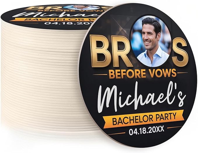 40 Pack Personalized Bachelor Party Coasters, Custom Cardboard Drink Coasters with Photo Print and Text, Fun Bachelor Party Favors and Gifts, 3.95" Round, Design 1