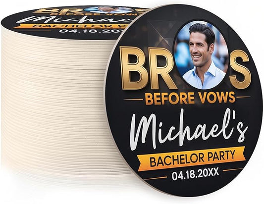 40 Pack Personalized Bachelor Party Coasters, Custom Cardboard Drink Coasters with Photo Print and Text, Fun Bachelor Party Favors and Gifts, 3.95" Round, Design 1