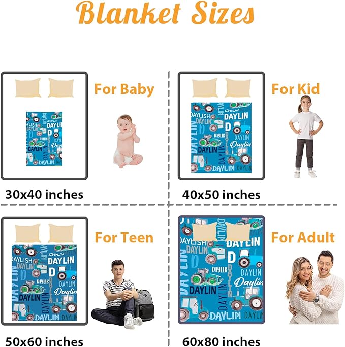 Personalized Tractors Blanket - Custom Name with Farm Tractor Trucks Design - Soft Plush Flannel Bed Blanket for Baby Kid Teen Boys Girls Customized Gifts Blue