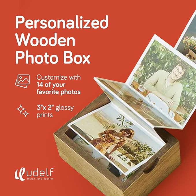 udelf Personalized Wooden Photo Box Gift with Accordion Picture Pull Out-Custom Gifts for Lover Husband Wife I Wedding Keepsake Box, Anniversary Box | Picture Box Gift I Holds 14 Photo Prints, 3""x2""