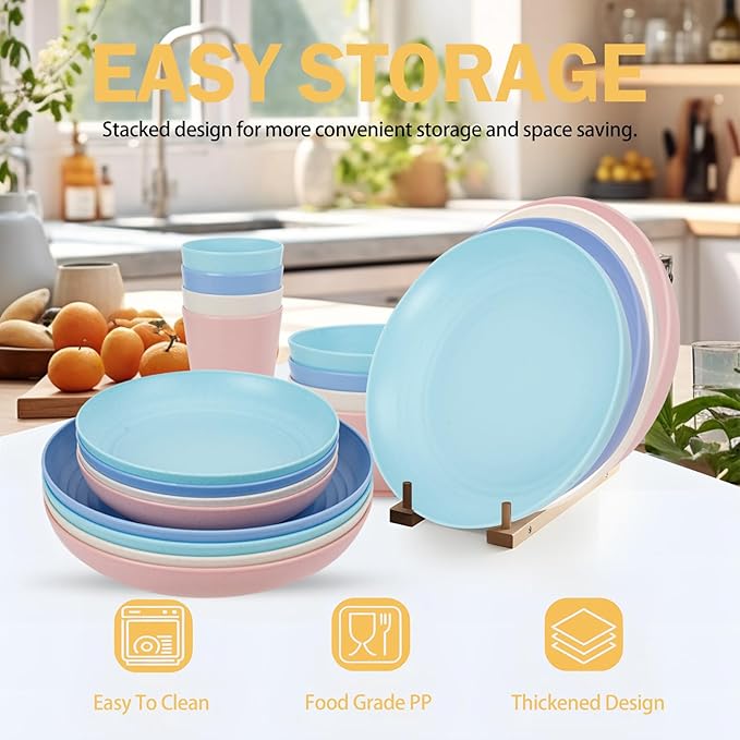 Rubtlamp Wheat Straw Plates and Bowls sets, Reusable Plastic Plate Set for 4, Kitchen Wheat Straw Dinnerware Sets (Spring Four Colors) Include Dinner Platos, Dessert Platos, Cereal Bowls, Cups