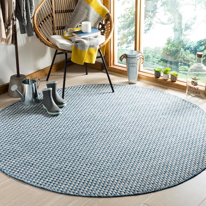 SAFAVIEH Courtyard Collection 7'10" Round Blue/Light Grey CY8653 Indoor-Outdoor Waterproof Easy-Cleaning Patio Backyard Mudroom Area-Rug