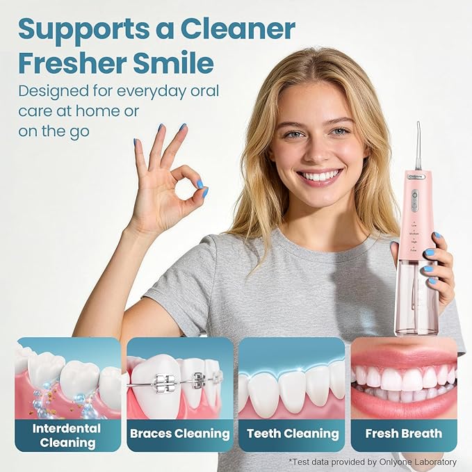 Onlyone Water Dental Flosser Pick for Teeth, 300ML Portable Oral Irrigator, Rechargeable Travel Irrigation Cleaner, Professional Electric Flossing Machine Birthday Gifts for Women,Mom,Girlfriend Pink