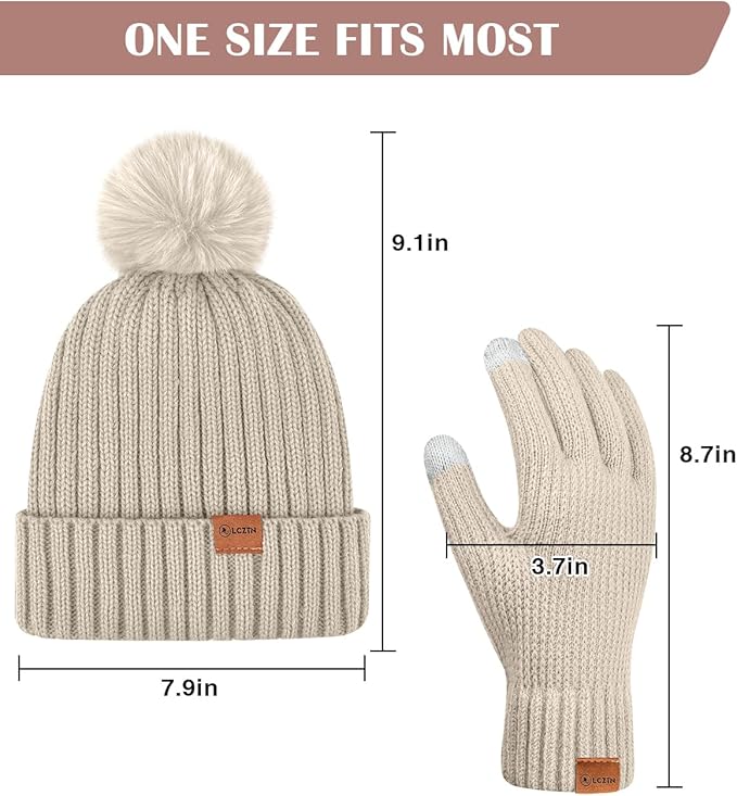 Womens Winter Beanie Hat Gloves Set,Fleece Lined Warm Knit Pom Pom Ski Hat Touchscreen Gloves Set Gifts for Cold Weather