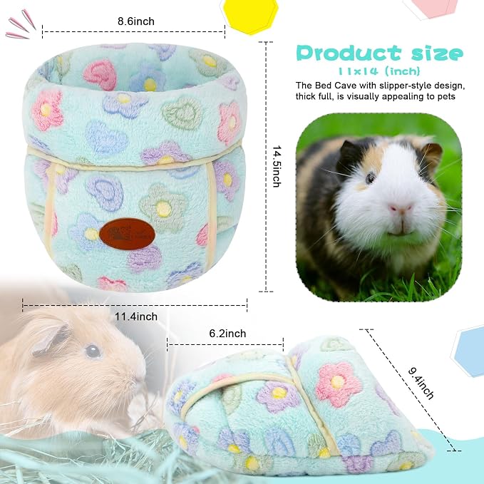 YUEPET Guinea Pig Bed, Warm Fleece Cuddle Cave, Green Flower | Cozy Guinea Pig House, Portable Guinea Pig Hideout, Soft Coral Fleece, Washable Cushion, Slipper Shape