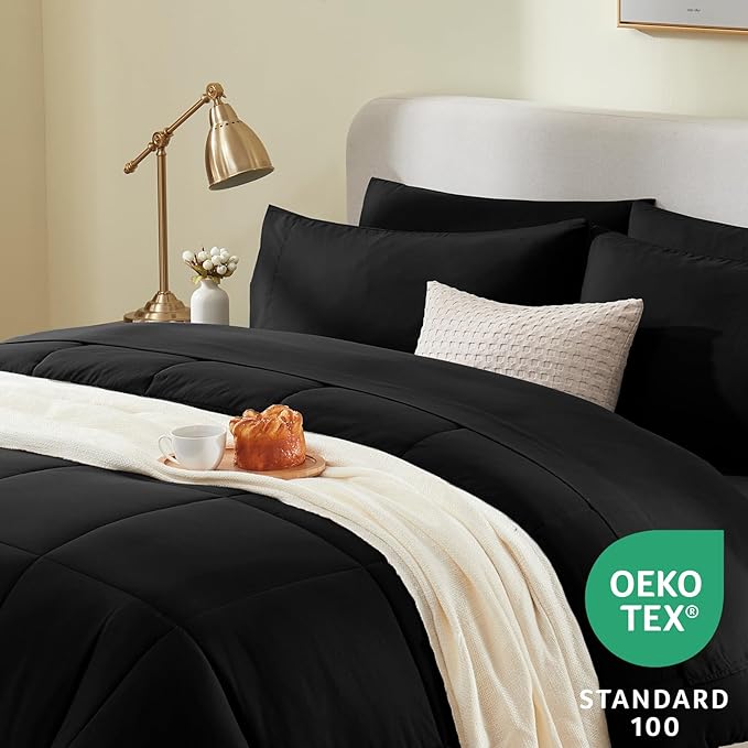 CozyLux Oversized Queen Comforter Sets Black, 7 Pieces Bed in a Bag, Ultra-Soft All Season Bedding Sets with Stitch Quilted Comforter, Flat Sheet, Fitted Sheet, Pillowcases, Black
