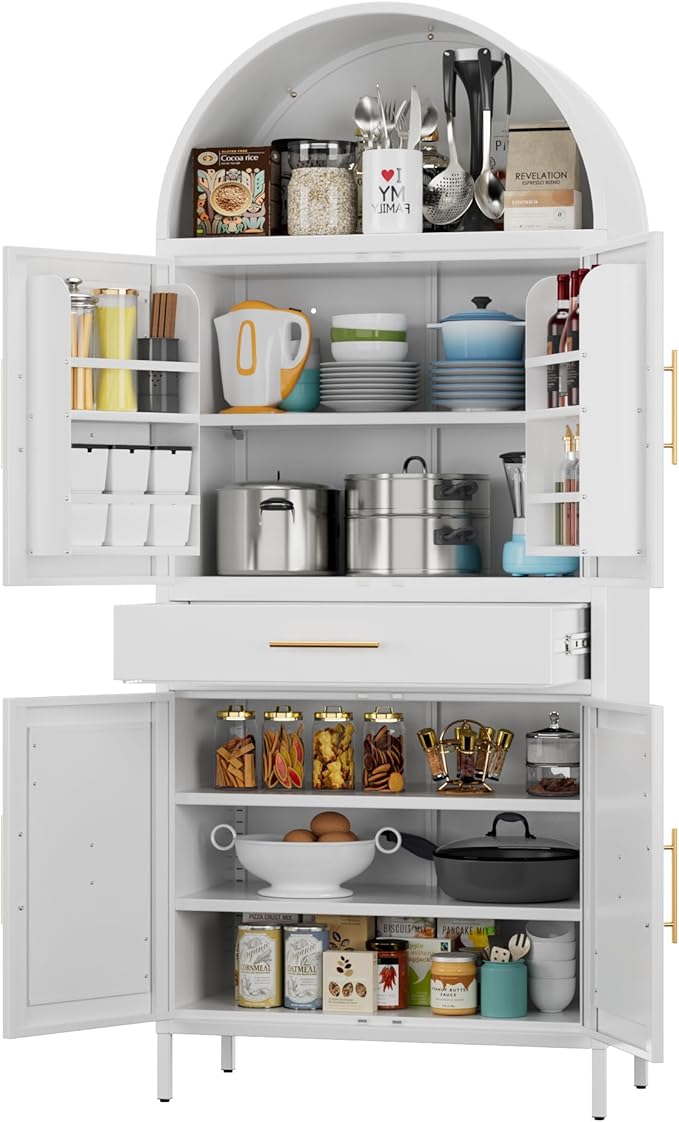 Metal Arched Kitchen Pantry Cabinet with Adjustable Shelves and Drawer,Farmhouse Pantry Cabinet with 2 Doors for Kitchen,Dining Room, Assembly Required,White