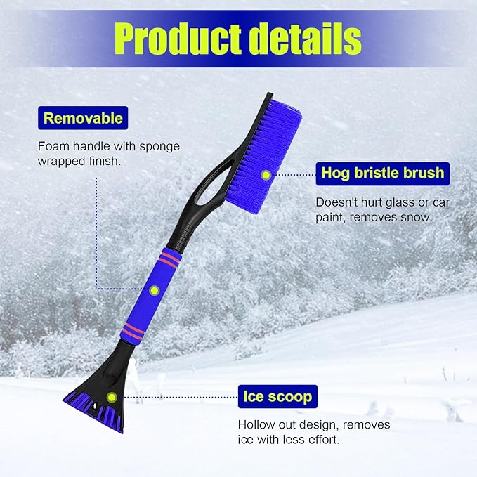 24 Inch Car Snow Scraper and Brush, Detachable Scratch Free Ice Scraper with Ergonomic Foam Grip, Universal Winter Snow Removal Tool for Car Windshield Window (Blue)