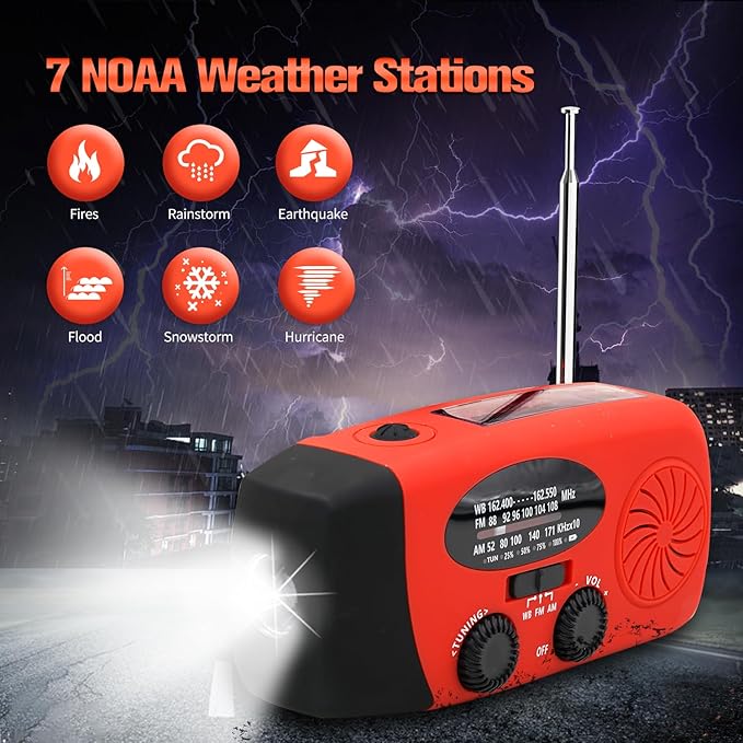 Solar Emergency Hand Crank Weather Radio, Portable Self Powered NOAA AM/FM Radios with SOS Alarm LED Flashlight 5000mAh Smart Phone USB Charger for Camping (Red)