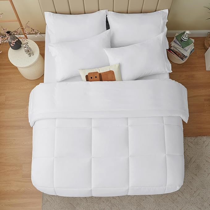 CozyLux Full Size Comforter Sets White, 7 Pieces Bed in a Bag, White Comforter Full Size, All Season Bedding Sets with Stitch Quilted Comforter, Flat Sheet, Fitted Sheet, Pillowcases