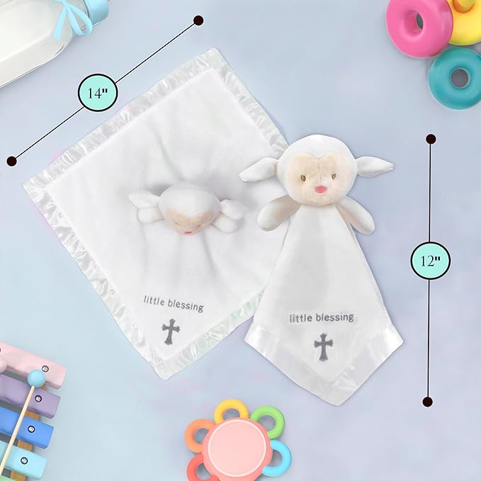 Lamb Lovey, Baptism Gifts for Girl & Boys - Loveys for Babies, Soft Embroidered Baby Blanket with Cross, Baptism Blanket for Newborns & Toddlers, Organic Cotton,14 inch