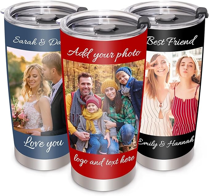 Personalized Tumbler with Picture Text Name, 20oz Stainless Steel Custom Mug Coffee Tumbler With Lid Straw, Birthday Gifts for Women Men, Customized Gifts for Christmas Anniversary Thanksgiving
