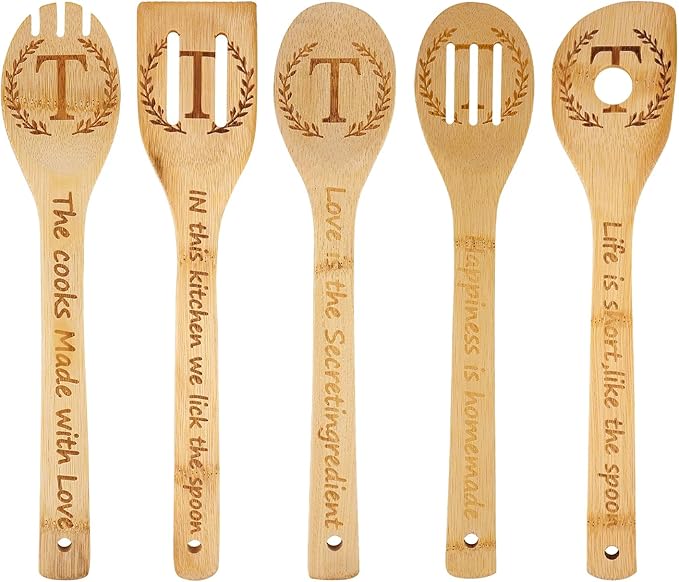 5PCS Initial Wooden Cooking Spoons Initial Letter Kitchen Decor Gifts Personalized Monogrammed Birthday Gifts for Women Mom Friend Housewarming Wedding Bamboo Cooking Spoons