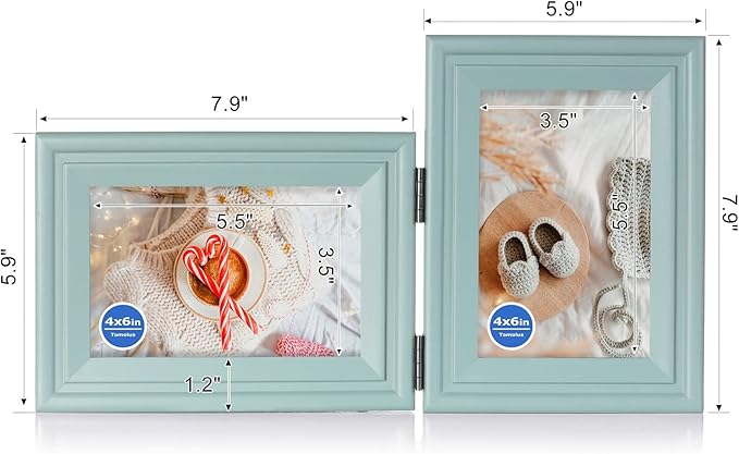 4x6 Double Hinged Picture Frame Folding Photo Frame Horizontal and Vertical in Teal Blue Pine Wood with Real Glass for Tabletop X2-LAN-HS46
