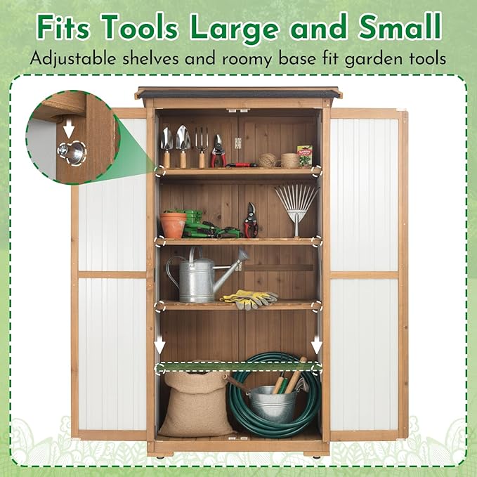 Ketive Outdoor Storage Cabinet, Wood & Metal Garden Cabinet with 3 Adjustable Shelf, Weather-Resistant Roof, Lockable Doors & Adjustable Feet for Patio, Garden, Farm (33" L x 21" W x 69" H)