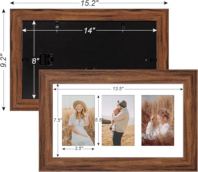 8x14 Picture Frame Display 3 opening 4X6 Picture Frame Collage,Multi Photo Frame with Mat,Plexiglass,Wall Hanging Decor,Carbonized Brown Wood Grain