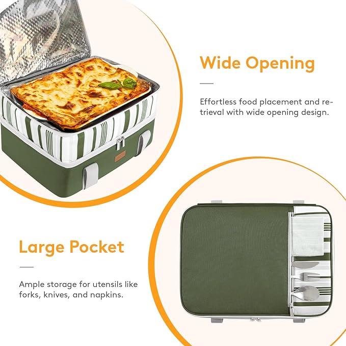 LUNCIA Insulated Double Decker Casserole Carrier, Lasagna Lugger Tote Keeps Food Hot or Cold, Thermal Lunch Bag for Potluck Parties, Picnic and Cookouts, Fits 9" x 13" Baking Dish, Dark Green