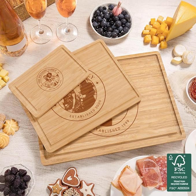 callie Personalized Bamboo Cutting Board with Engraved Photo, Custom Wooden Charcuterie Boards with Juice Grooves, Christmas, Wedding, Housewarming Gifts (S, M, L)