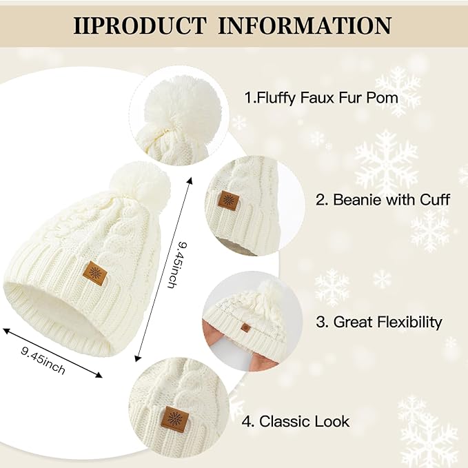 Tavaleu Womens Winter Beanie Hat Scarf Gloves Set, Pom Pom Beanie Warm Knit Scarf Touchscreen Gloves for Cold Weather