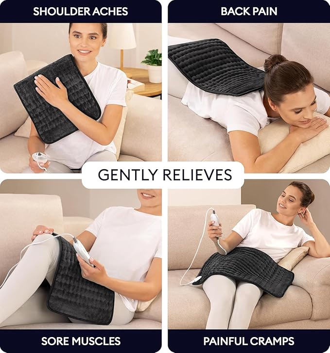 GENIANI Electric Heating Pad for Back Pain & Cramps Relief, Electric Throw, Auto Shut Off, Machine Washable, Double Sided Heating Pad for Neck & Shoulder (12×24", Charcoal Black)