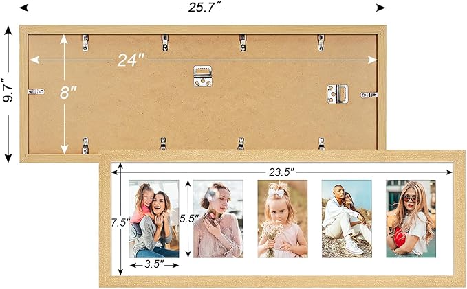 8x24 Collage frame with 5 Openings 4X6 Pictures, Multiple Picture Frame with Mat, Wall or Tabletop Decor, Natural Wood Grain,2 Pack
