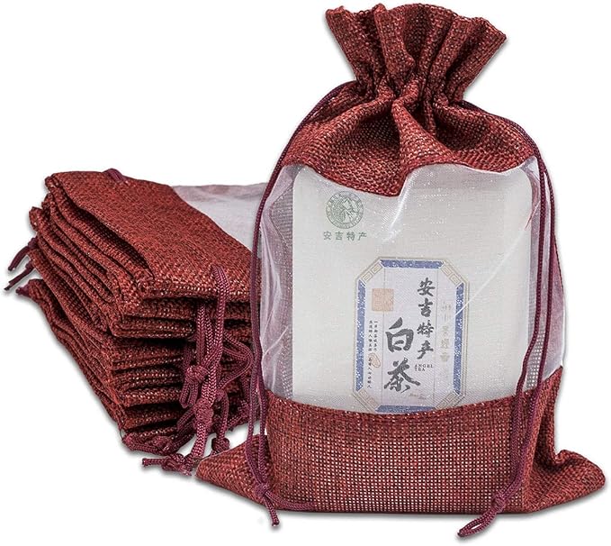 48-Pack Large Linen Burlap & Organza Gift Bags w. Drawstrings (6.5x8.5 in, Maroon) - Party Favors, Presents, Samples & Treats Mesh Pouch by The Display Guys