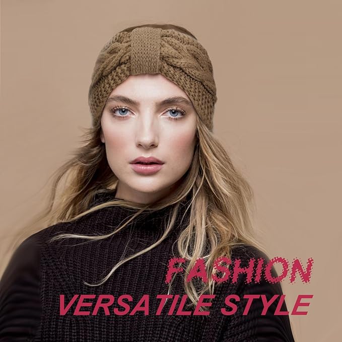 AQOKKA Knit Winter Headbands for Women Fuzzy Wool Fleece Lined Ear Warmers Elastic Turban Crocheted Head Wrap Winter Accessories for Women Cold Weather
