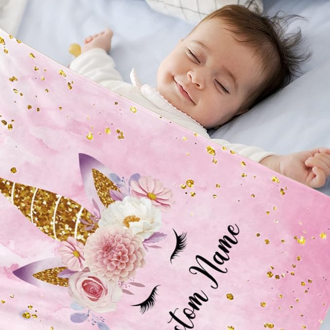 Personalized Unicorn Blanket with Name for Girl, Custom Kids, Soft Flannel Pink Toddler Customized Gift Birthday Christmas Baby Shower Newborn 30'' X 40''