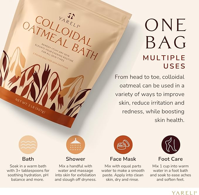 YARELI Colloidal Oatmeal, 2lb (32oz), Bath Powder for Relief of Dry Itchy Skin Due to Eczema and Psoriasis, for Adults, Baby and Kids