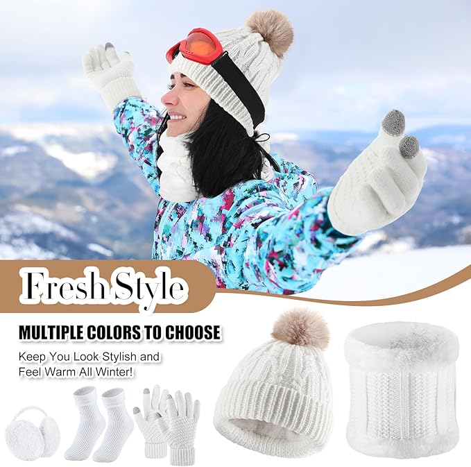SATINIOR 5 Pcs Winter Hat Scarf Gloves Set Fleece Warm Lined Knit Beanie Hat Touch Screen Earmuff Gloves Warmer for Women(White,Fresh Style)