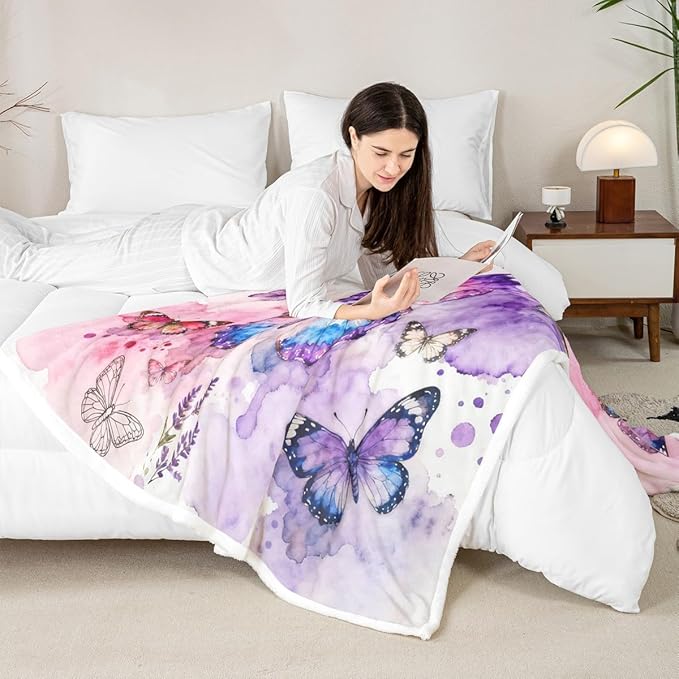 Feelyou Girls Fleece Throw Blanket 40"x50" Kids Watercolor Butterfly Sherpa Blanket Plush Fuzzy for Bed Couch Chair Living Room, Pink Purple Bed Blanket Room Decor