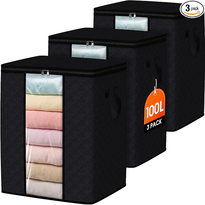 SpaceWhisper 3 Pack 100L Clothes Storage, Foldable Thick Fabric Blanket Storage Bags, Containers for Organizing Bedroom, Closet, Clothing, Comforter,Closet Organization with Handle,Black